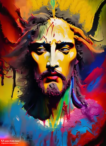 Firefly_A+bold and daring portrait of an evil _Jesus_ figure, created from an array of colorful mud explosions and paint splashes. The vivid color palette and dynamic splatters emphasize the chaotic nature 